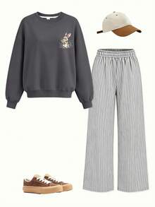 2 Packs Tween Girl Watercolor Bunny Floral Print Crewneck & Striped Wide Leg Pants Cute Matching Set. - Dark Grey - View 2