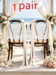 1pc Ivory Lace "Just Married" Chair Back Decor With Long Satin Ribbon Bow, Suitable For Groom & Bride Banquet Chairs, Church Ceremony, Bridal Party, Wedding Couple Chairs Decoration And Photo Backdrop Chair Decor - Off-white - View 9