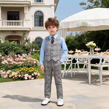 Young Boy Plaid Single-Breasted Tie Decor Vest Top And Pants Formal Suit, Suitable For Host - Light Grey - View 11