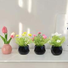 Black Rhombus Flower Pot Artificial Plant With Colorful Flowers, 3 Styles, Compact And Delicate, Maintenance-Free, Suitable For Decorating Kitchen, Office, Windowsill, Bedroom And More - Black - View 2