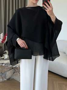 Women's Minimalist Casual Asymmetrical Round Neck Cover Up Style Loose Top, Solid Color Everyday - Black - View 5