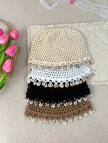 1 Peça Touca de Crochê Feita à Mão com Borla de Concha para Mulheres, Moda Primavera/Verão Fina Y2K, Touca de Crochê Tricotada com Borla, Adequada para Uso Diário, Férias, Decoração de Fotografia Boêmia - Multicolorido - Visão 6