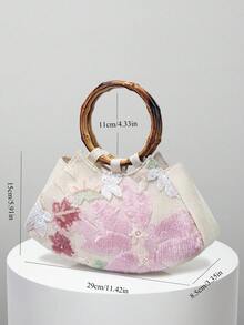 European & American Women's Elegant Shiny Multicolor Leaf & Floral Patchwork Handbag, Fashionable Vintage Classical Style Wooden Ring Design Evening Bag, Mini Square Handbag, Suitable For Party Girls, Brides, College Students, New Professionals & White-Collar Women, Perfect For Parties, Balls, Weddings, Matches Ball Accessories, Random Pattern - Pink - View 5