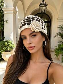 1pc Women's Plaid Floral Handmade Crochet Beanie, Spring/Summer Fashion Thin Y2K Shell Tassel Crochet Knitted Hat, Suitable For Daily Wear, Vacation, Bohemian Photo Decoration - Multicolor - View 4