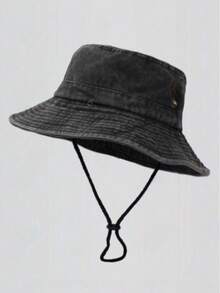 1pc Unisex Washed Bucket Hat, Solid Color Drawstring Sun Hat, Outdoor Casual Sports Cycling Vacation Travel Sun Protection Hat, Summer Sunshade Hat - Black - View 1
