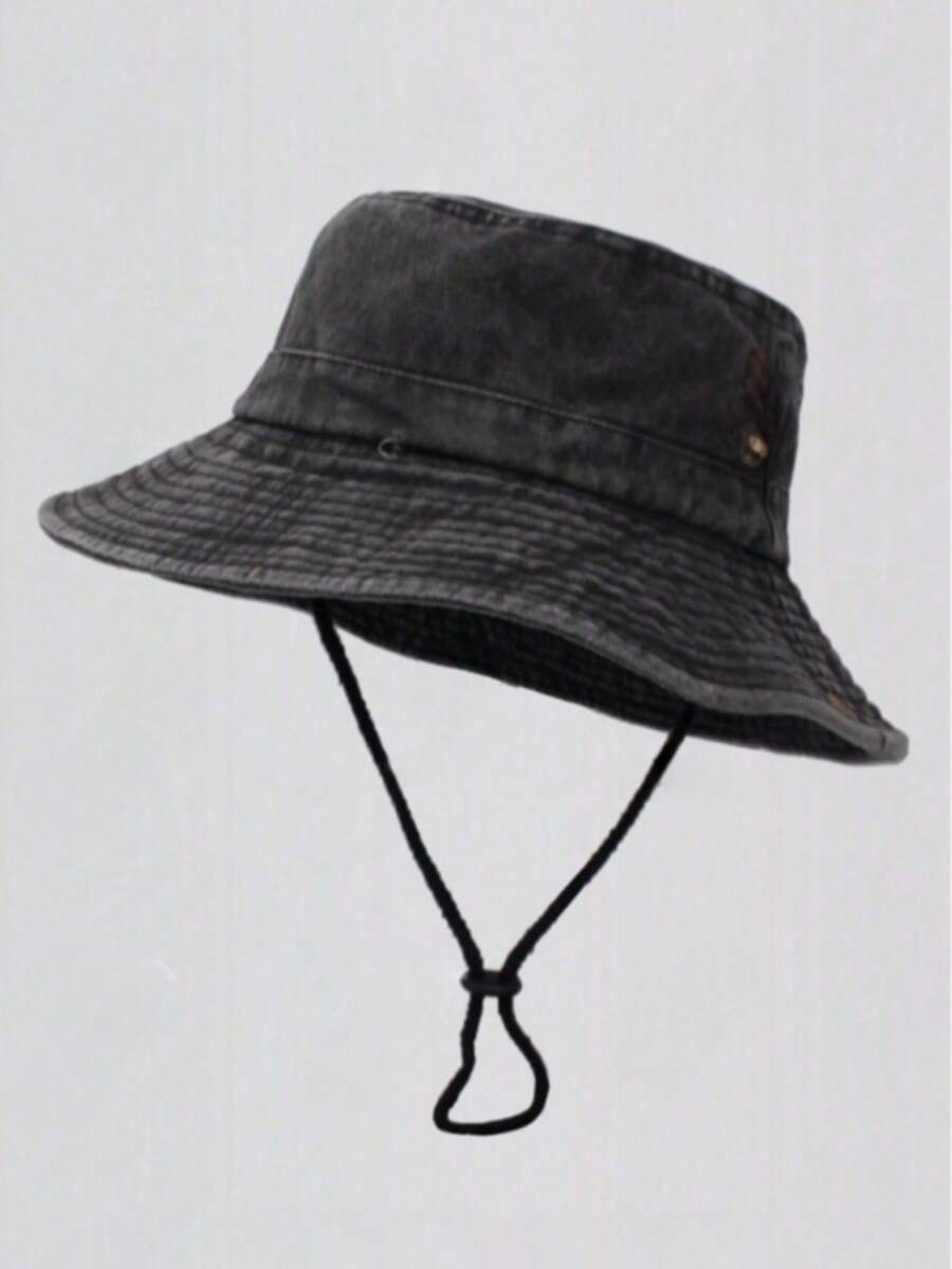 1pc Unisex Washed Bucket Hat, Solid Color Drawstring Sun Hat, Outdoor Casual Sports Cycling Vacation Travel Sun Protection Hat, Summer Sunshade Hat - Black - View 1