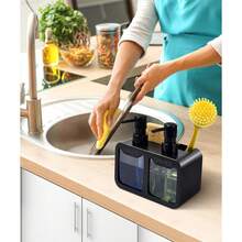 4-In-1 Kitchen Soap Dispenser Set - Dual Pump Hand Soap/Dish Soap Dispenser With Sponge Holder And Brush Holder, Practical Kitchen/Bathroom Soap Dispenser, Creative Kitchen Soap Dispenser, Kitchen Organizer, Countertop Soap Pump, Dish Soap Dispenser, Bathroom Soap Dispenser, Sink Organizer, Refillable Soap Bottle, Soap Container, Kitchen Accessories, Bathroom Accessories, Home Storage, Modern Home Decor, Spring Decor, Back To School Decor - Black - View 4