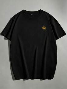 Men's Black Loose Short Sleeve T-Shirt With Gold MEMENTO MORI All-Seeing Eye Print On Back, Mysterious Casual Top - Black - View 3