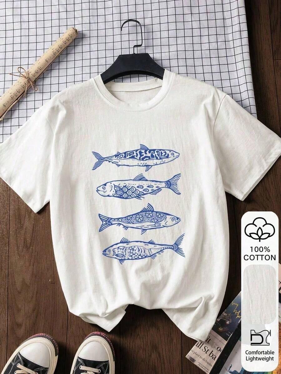 Women's Casual Sardine Print%  Short Sleeve Top, Graphic Tee,  Apparel, Outdoor Wear, Printed Pattern, Summer-Shirt, Summer Blouse, Vacation Outfit, B - Negro - Ver 1