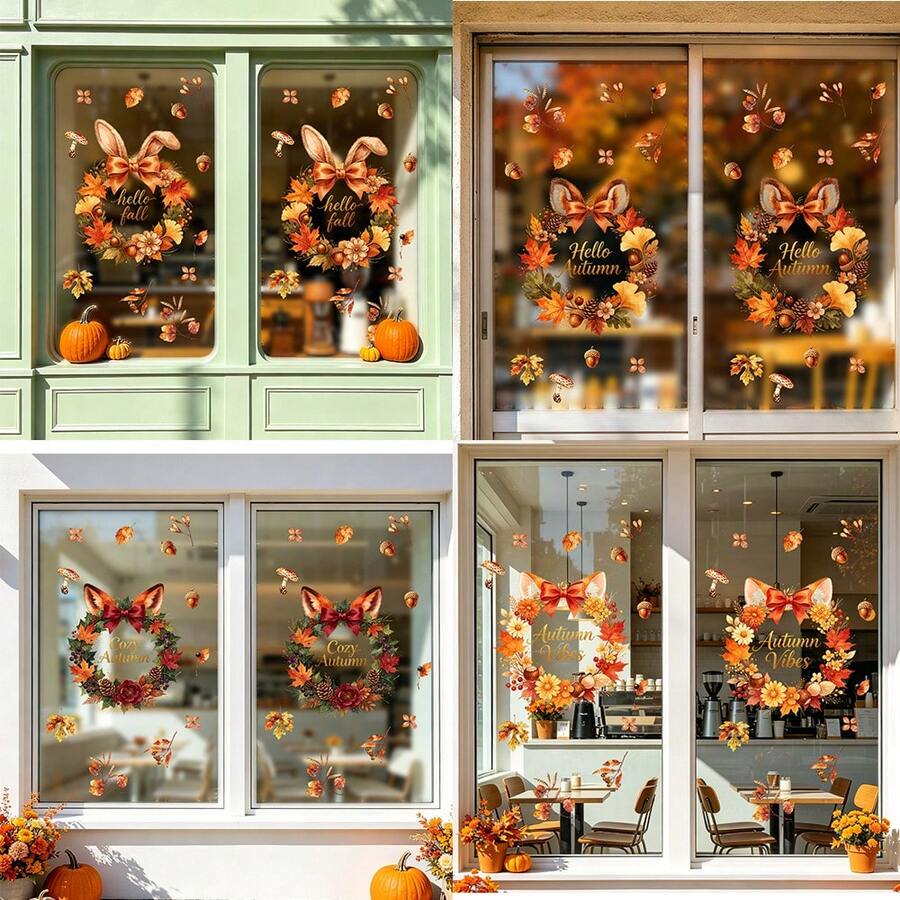 1pc Autumn Maple Leaf Wreath Static Window Cling, Removable Double-Sided Visible, For Harvest Thanksgiving Home Party Living Room Kitchen Glass Decor Or Autumn Display