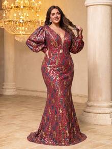 SUPGIR V-Neck Lantern Sleeve Sequin Elegant Dress - Red - View 1