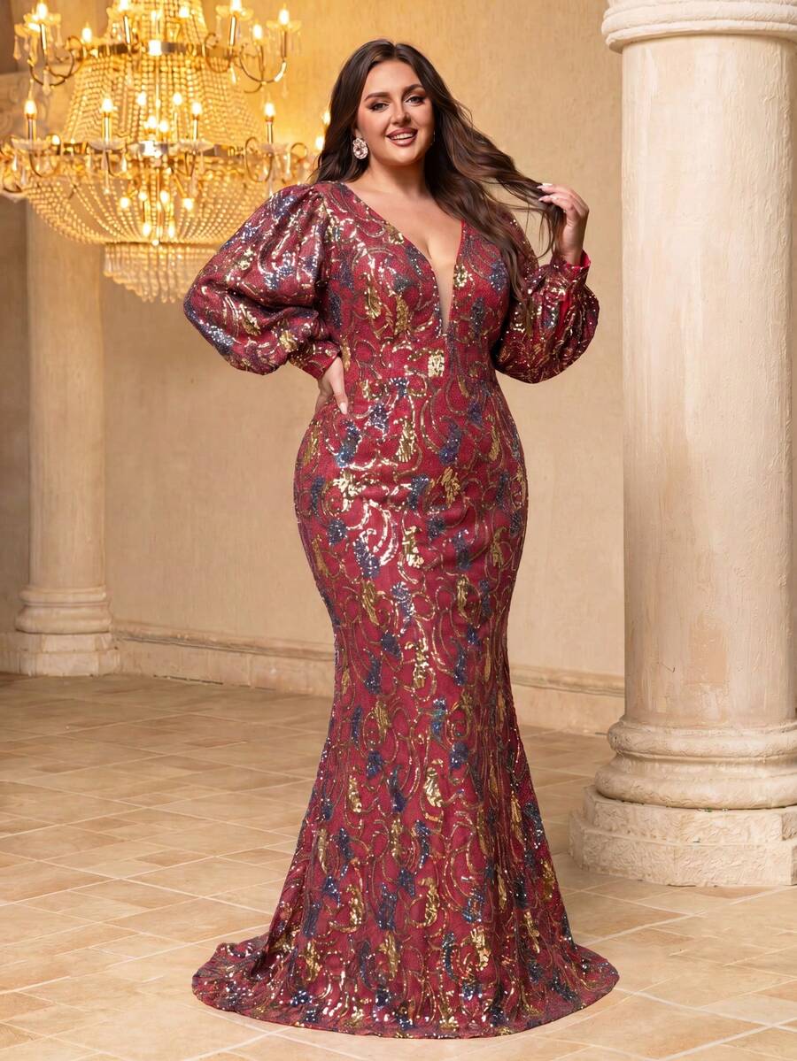 SUPGIR V-Neck Lantern Sleeve Sequin Elegant Dress - Red - View 1