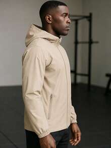 Men's Waterproof Windbreaker With Removable Hood Black Sports Jacket For Gym Or Running - 米色 - 查看 4