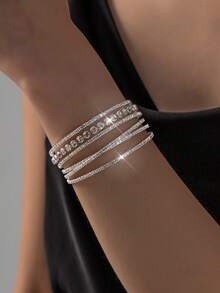 1pc Korean & European Style Copper Material Bracelet Jewelry, Fashion Bride Rhinestone Elastic Bangle Bracelet - Silver - View 1