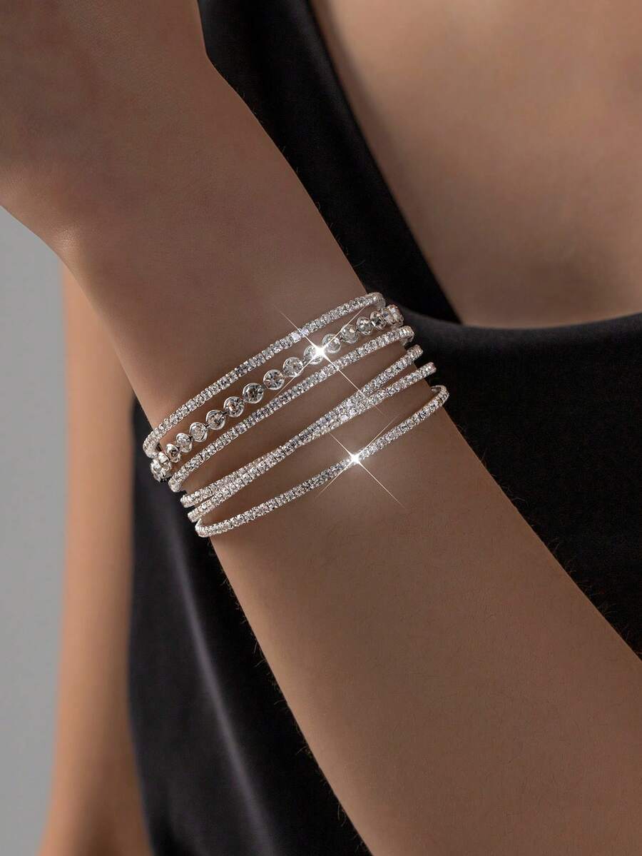 1pc Korean & European Style Copper Material Bracelet Jewelry, Fashion Bride Rhinestone Elastic Bangle Bracelet - Silver - View 1