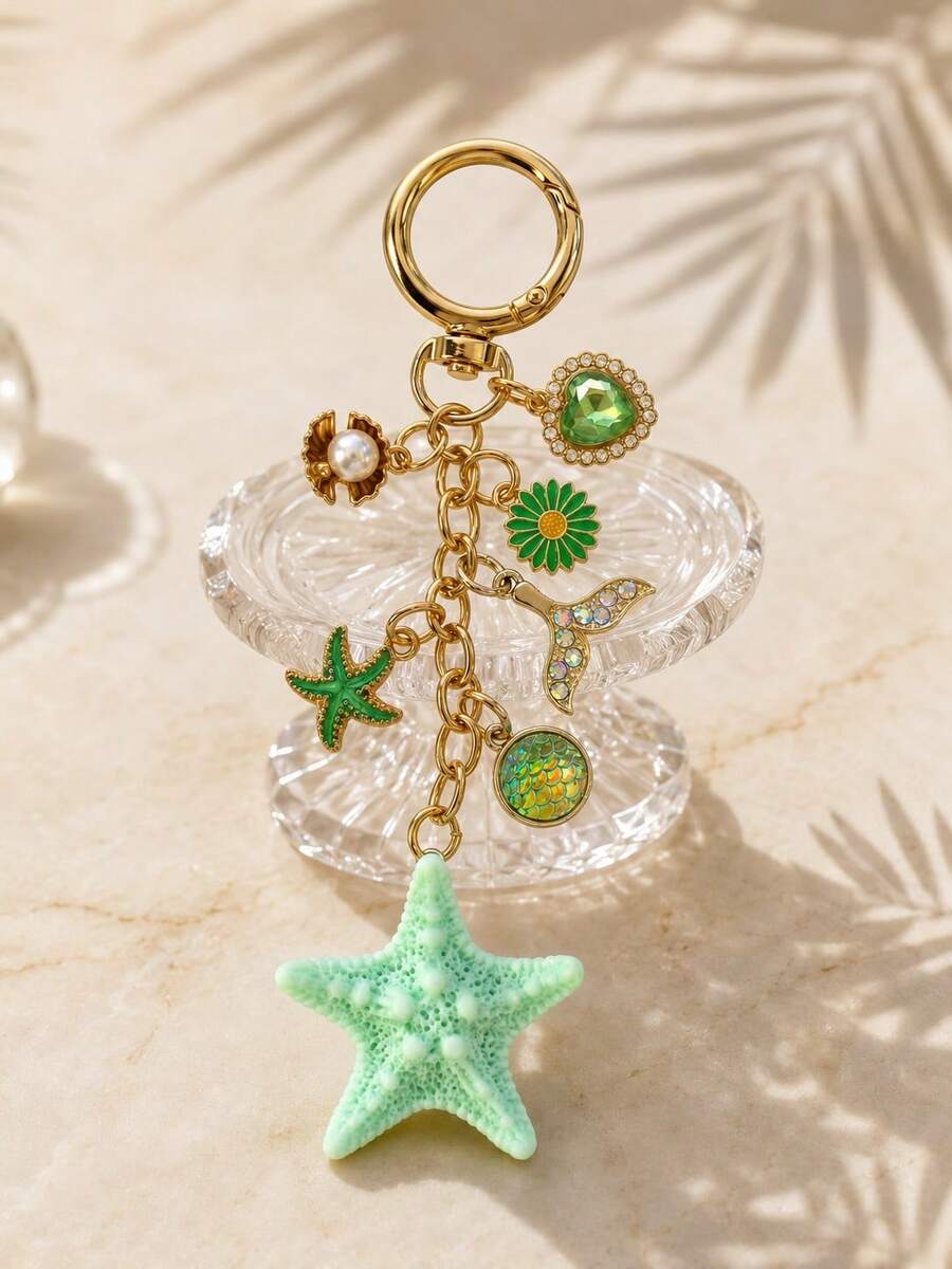 1pc Women's Ocean Creature Starfish Fish Tail Pendant With Rhinestone Heart Daisy Charm Keychain Ocean Series Bag Charm - Multicolor - View 1