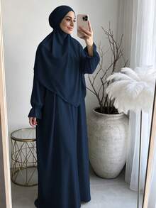 柔軟布料 Khimar 長袍套裝，寬鬆大尺碼長袖保守全身長洋裝，適合中東女性日常街頭穿著 - 彩色 - 查看 13
