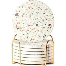 Marble Pattern Absorbent Coaster With Metal Holder, Colorful Terrazzo Absorbent Ceramic Coaster, Cute Coaster, Suitable For Coffee Table, Restaurant, Kitchen, Bar Dining Table Coffee Table Accessories Decoration Gift, Heat Resistant And Durable Coaster - Multicolor - View 1