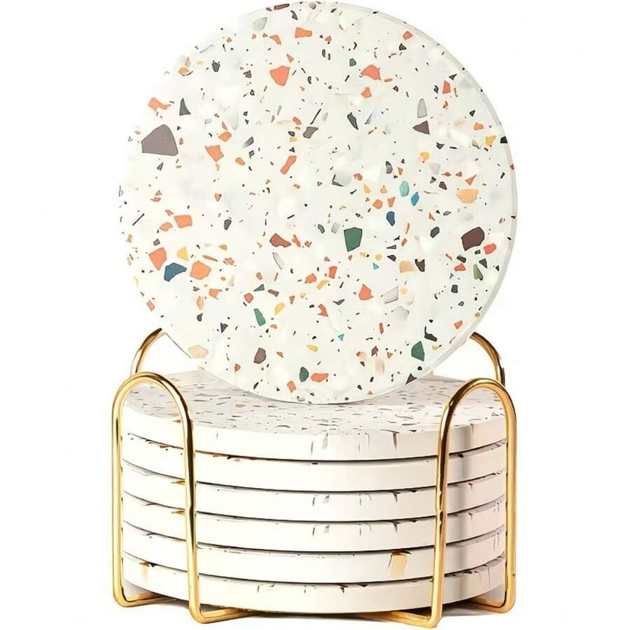 Marble Pattern Absorbent Coaster With Metal Holder, Colorful Terrazzo Absorbent Ceramic Coaster, Cute Coaster, Suitable For Coffee Table, Restaurant, Kitchen, Bar Dining Table Coffee Table Accessories Decoration Gift, Heat Resistant And Durable Coaster - Multicolor - View 1