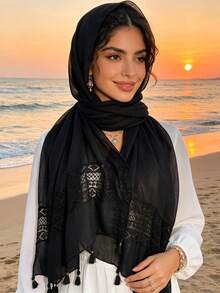 1pc Women's Solid Color Lace Tassel Long Versatile Scarf, High Quality Shawl - White - View 22