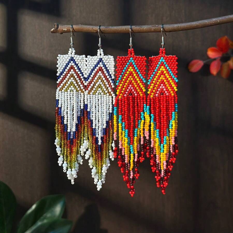 AHAYA Bohemian Handmade Glass Beaded Geometric Tassel Dangle Earrings, Casual Versatile Accessory For Daily Wear And Vacation, Holiday Gift For Women