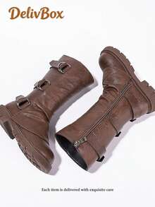 Autumn/Winter Girls' Mid-Calf Leather Boots, Brown Ruched Stacked Boots With Metal Buckle Side Zipper, Thick Sole Anti-Slip Western Style Children's Long Boots - Brown - View 6