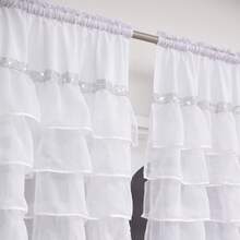 FLYINGCURTAINS 2PCS Rod Pocket Outdoor White Ruffle Sheer Curtains, Rhinestone Trim Light Filter Drapes, For Terrace, Courtyard, Pergola, Lovely Housewarming Gift - Multicolor - View 4