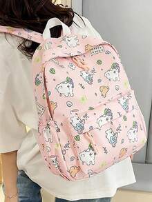 1/5pcs Cute Cartoon Print Student Backpack, Pure Pink Floral Pattern, Lightweight Polyester Fabric, Casual Campus Style, All-Season Wear, Unisex Adult Size, Large Capacity, Suitable For Daily Commute, Travel And Back To School - Multiple Styles - View 3