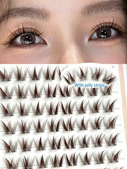 80pcs Glue-Free Sweet European & American Style Mocha Brown False Eyelashes, Cartoon Segmented Single Cluster Natural Realistic Camera-Ready Eyelashes, Suitable For Women's Eye Makeup, Dating, Daily, Party, Club, Makeup Beginners, Reusable, Instant Volume Effect Eyelash Clusters, Eyelash Clusters, Personal E Eyelashes, False Eyelashes, Hand-Woven, Natural Look Lightweight And Airy, DIY, Durable, Eyelash Extension, Cartoon Style Eyelash Clusters Single False Eyelashes (Random Backing Card)