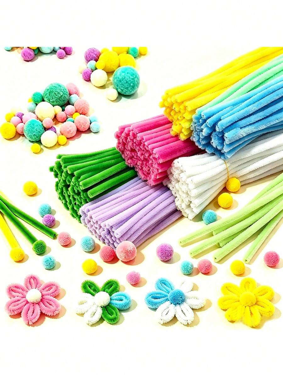 Tallos de chenilla suaves y flexibles con pompones, limpiapipas de colores mezclados para manualidades DIY, diseñados para uso artístico profesional - Serie Amarilla - Ver 1
