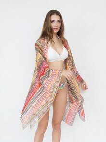 Kimono Pelindung Matahari untuk Penutup Bikini Pantai dengan Motif Geometris - MultiWarna - View 1