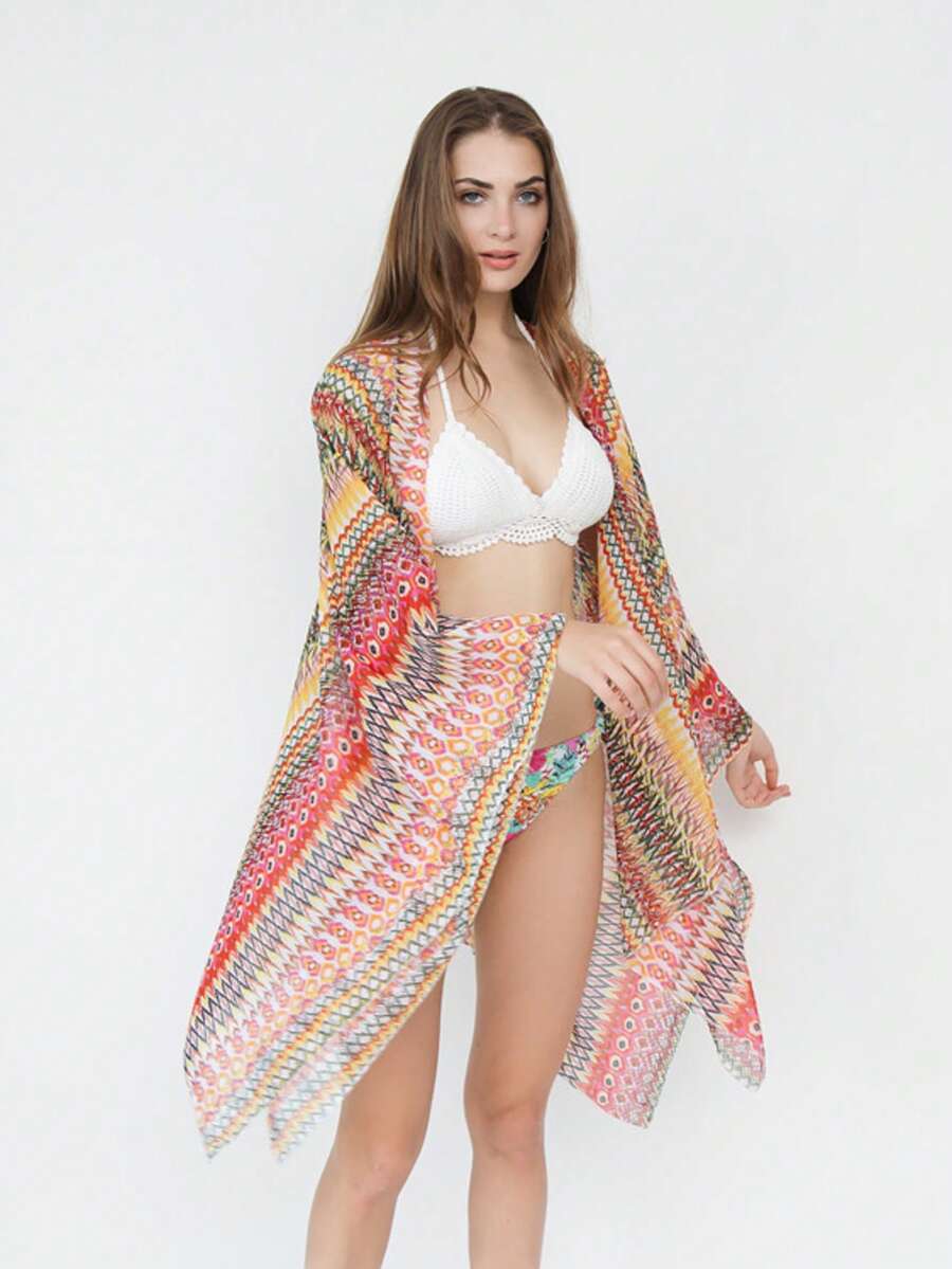 Kimono Pelindung Matahari untuk Penutup Bikini Pantai dengan Motif Geometris - MultiWarna - View 1