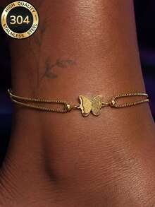 1pc 18K Gold Plated Women's Delicate 3D Butterfly Double Layer Anklet, 304 Stainless Steel, Waterproof, Fade-Resistant, Suitable For Summer Outfits, Beach Vacations, Pool Parties And Daily Wear, Anniversary, Christmas, Holiday Gifts - Anklet - View 4