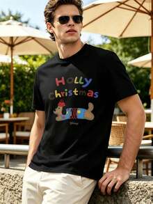 Men's Christmas Dog Print T-Shirt, Crew Neck, Relaxed Fit, Casual, Graphic Design - Preto - Ver 2