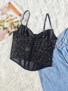 Black & Gold Sheer Corset Top - Suitable For Party, Date Night, Street Style, Everyday Wear - Black - View 11