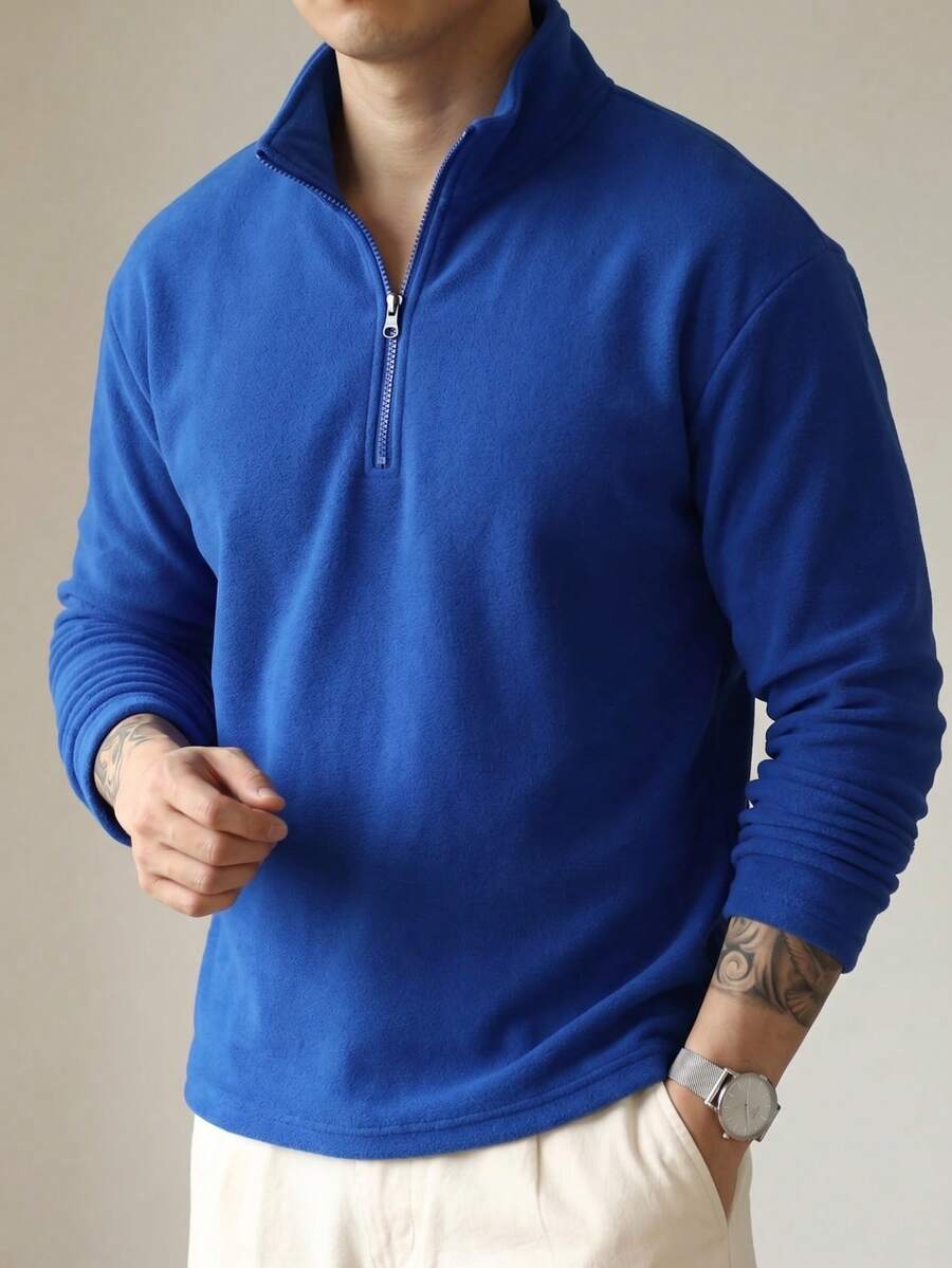 男士純色落肩長袖半拉鍊 Polo 領運動衫 - 藍色 - 查看 1
