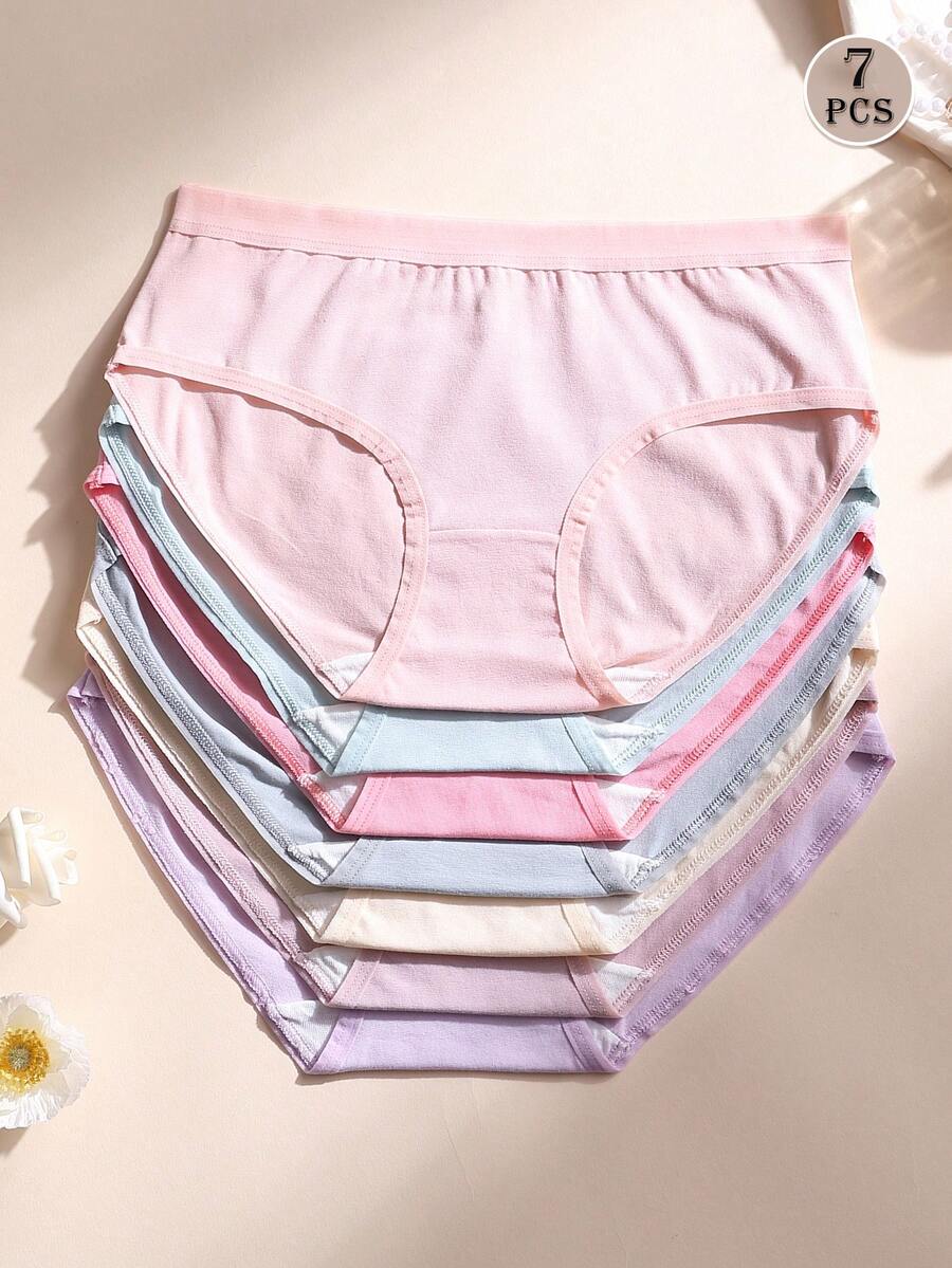 7pcs Women's Cotton Low-Rise Seamless Panties, Solid Color Comfortable Breathable Underwear