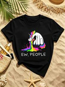 Divertida camiseta de unicornio con estampado de arcoíris, cuello redondo, corte relajado, estilo casual, ajuste cómodo, diseño gráfico. - Negro - Ver 2