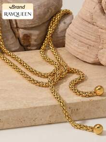 RAYQUEEN 1pc Stainless Steel Metal Long Layered Chain Gold Necklace, Women's Fashion Neck Chain, Waterproof Jewelry Gift For Women - Gold - View 2