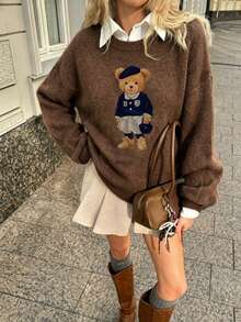 Pull en fausse maille confortable d'hiver pour femmes grandes tailles - Top à col rond et manches longues style ours en peluche mignon, pull en fausse maille doux et décontracté - Marron - Voir 11