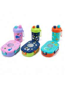 1 Set Bento Lunch Box With Water Bottle 3 Assorted Cartoon Patterns, Cute Dinosaur Astronaut Ocean Print Rectangular Transparent Window Leakproof Lock Clips Portable Handle Food Storage Container For Picnic Back To School Daily Use - Multicolor - View 11