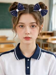 2pcs/4pcs Navy Blue&White Bow Scrunchies,PU Leather Scrunchies,Black Elastic Rubber Band Scrunchies Hair Accessories For All Seasons,Back To School - Multicolor - View 2