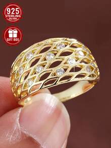 1件 925純銀戒指，高品質珠寶，尺寸 7-11，適合女性日常配戴，附禮品盒 - 金色 - 查看 1