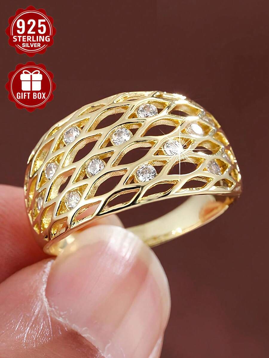 1件 925純銀戒指,高品質珠寶,尺寸 7-11,適合女性日常配戴,附禮品盒 - 金色 - 查看 1
