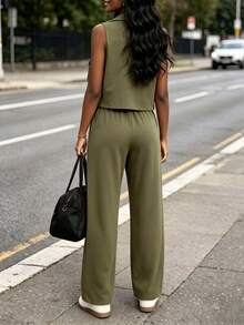 3pcs Women's Vintage Military Green Practical Set, Including Short Sleeve Shirt Jacket, White Camisole, And High Waist Wide Leg Pants With Pockets, Suitable For Spring And Summer Elegant - Army Green - View 9