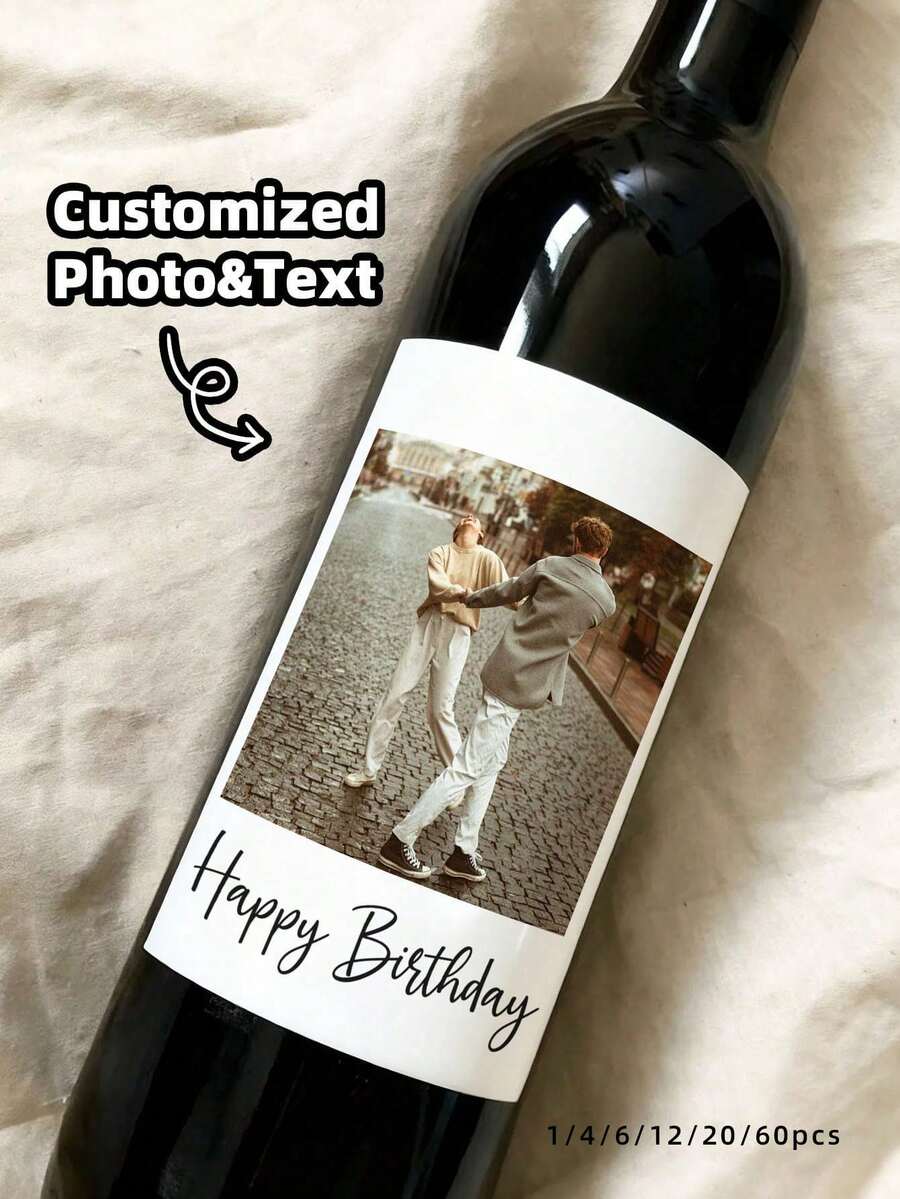 1/4/6/12/20/60pcs Personalized Bottle Labels, Customized Newspaper Photo Labels, Customized Bottle Stickers With Photos, Champagne Labels, Whiskey Labels, Tequila Labels - Suitable For Engagement, Anniversary, Wedding Gift, Waterproof - Multicolor - View 1