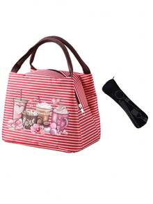 Insulated Lunch Bag With Pink Coffee Macaron, Bow And Envelope Pattern Design, For Women Coffee Lovers, With Black Utensil Storage Bag, Large Capacity, Student Meal Thermal & Cooler Bag, Portable Travel Picnic Bag, Office School Lunch Insulated Bag, Thermal Lunch Box, Work Lunch Box, Holiday Lunch Box, Multi-Functional Camping School Lunch Box For Men And Women - Multicolor - View 12