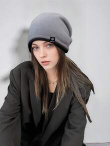 1pc Autumn/Winter Slouchy Beanie, Double Rolled Edge Knitted Hat, Stylish Pullover Cap, Early Autumn Fashion Versatile Face-Slimming Knit Hat - Multicolor - View 8