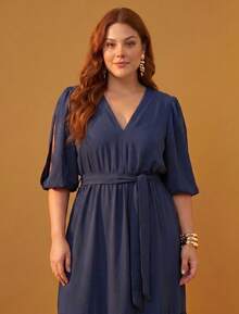 FASHION MIX PREMIUM Elegant Long Dress With Slit And Ruffle Hem, 3/4 Puff Sleeves With V-Neckline And Tie At The Waist, Women's Plus Size - 藏蓝色 - 查看 2