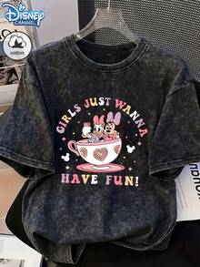 Start Cotton 夏季大尺碼女款「Disney Daisy And Minnie」圖案印花街頭 Y2K 風格黑色圓領短袖大碼休閒上衣 - 黑色 - 查看 2